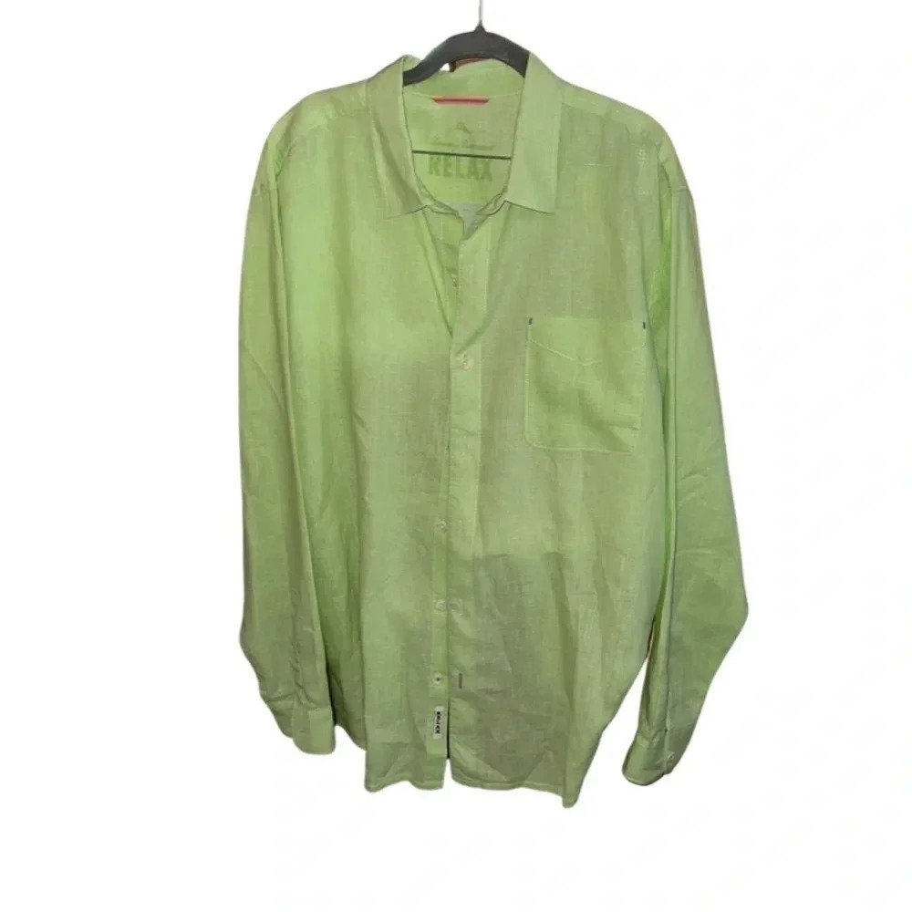 Tommy Bahama Lime Green 100% Linen Long Sleeve Button Down Shirt Size XL
